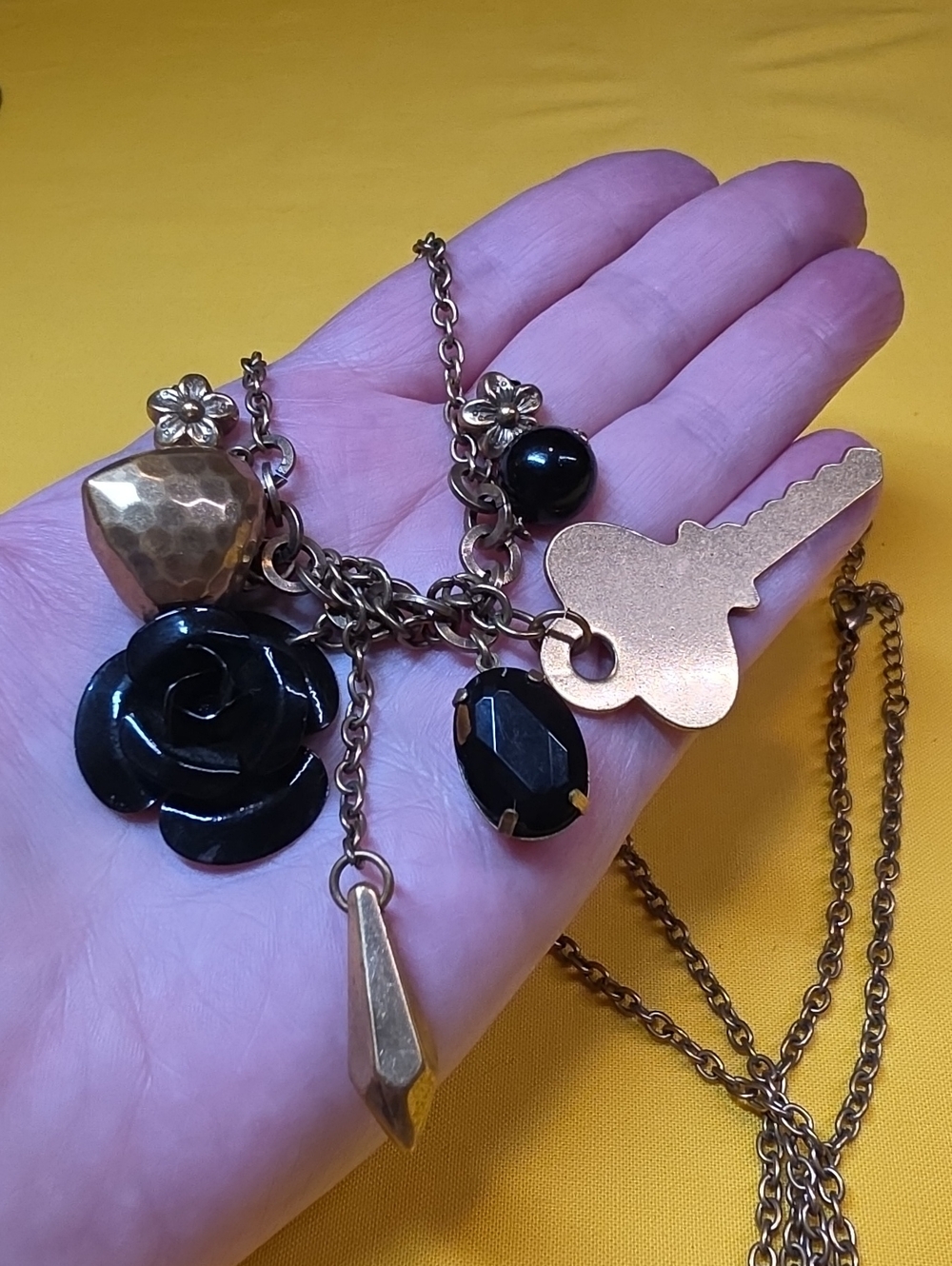 Vintage Napier Multi-Charm Cluster Necklace - 18" to 20" Black Rose, Key & Heart